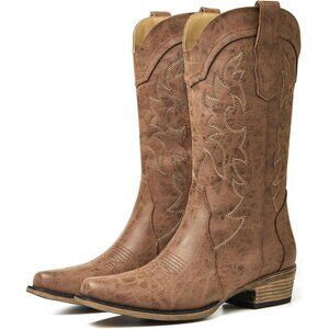 Women Brown Daily Wear with Pointed Toe Chunky Heel Embroidered Cowgirl Boot